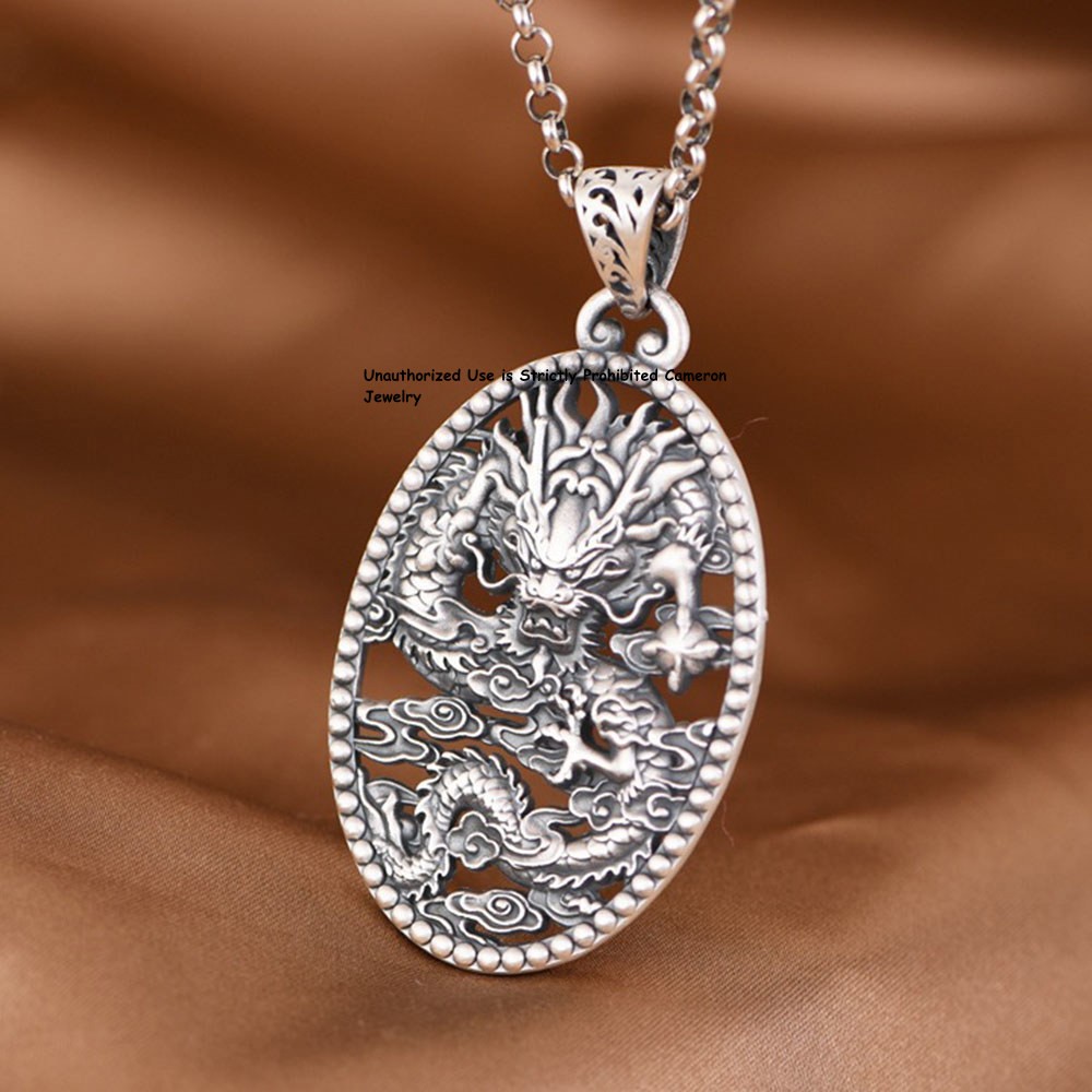 Pure S999 Fine Silver 999 Men Women Lucky Cloud Dragon Pendant 25-26g 56*31mm