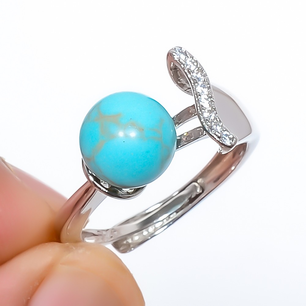 Copper Blue Turquoise Gemstone 925 Silver Plated Ring Size Adjustable (7)