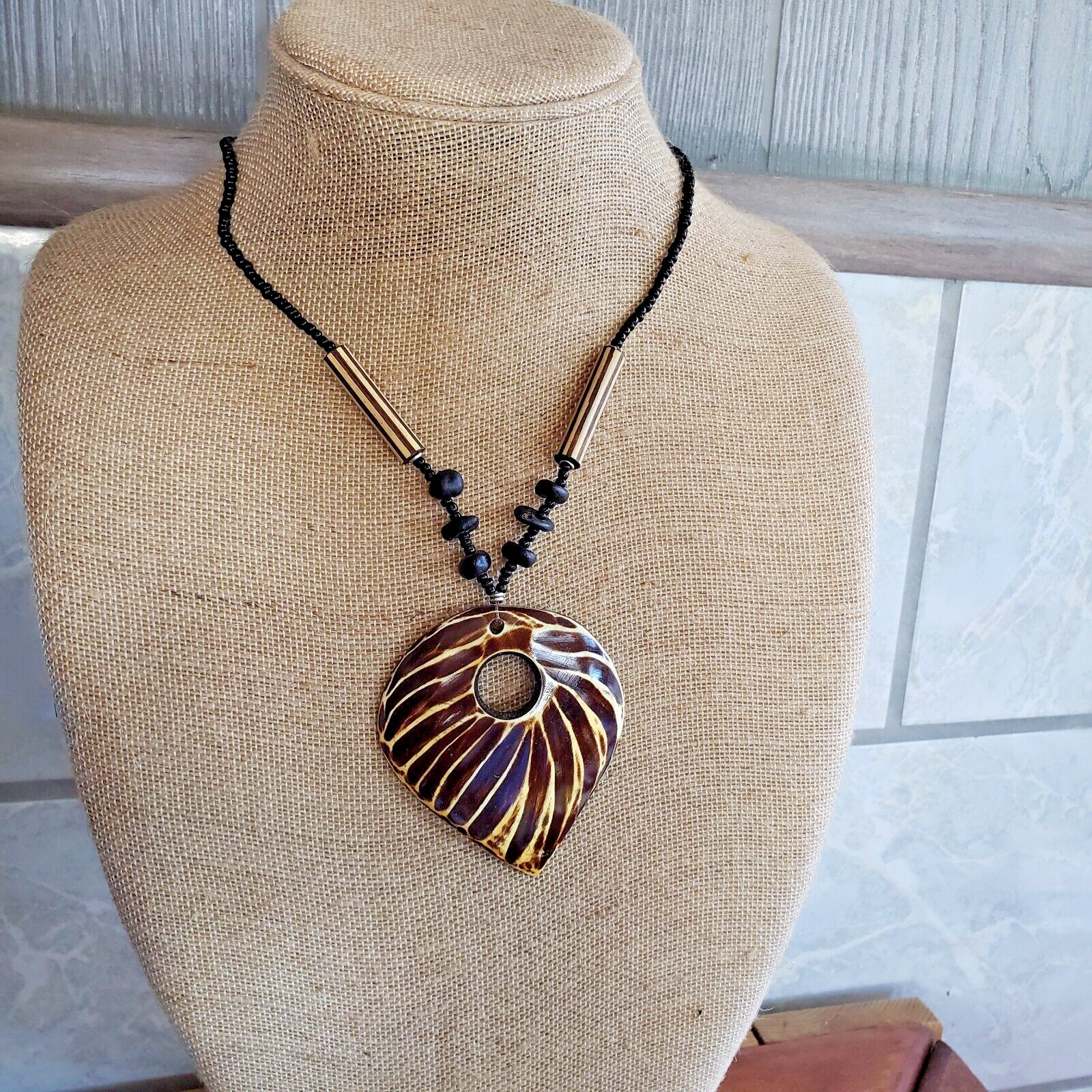 African- Handmade Bead/Horn Pendant Necklace- 18″-Black/brown- Kenya – az