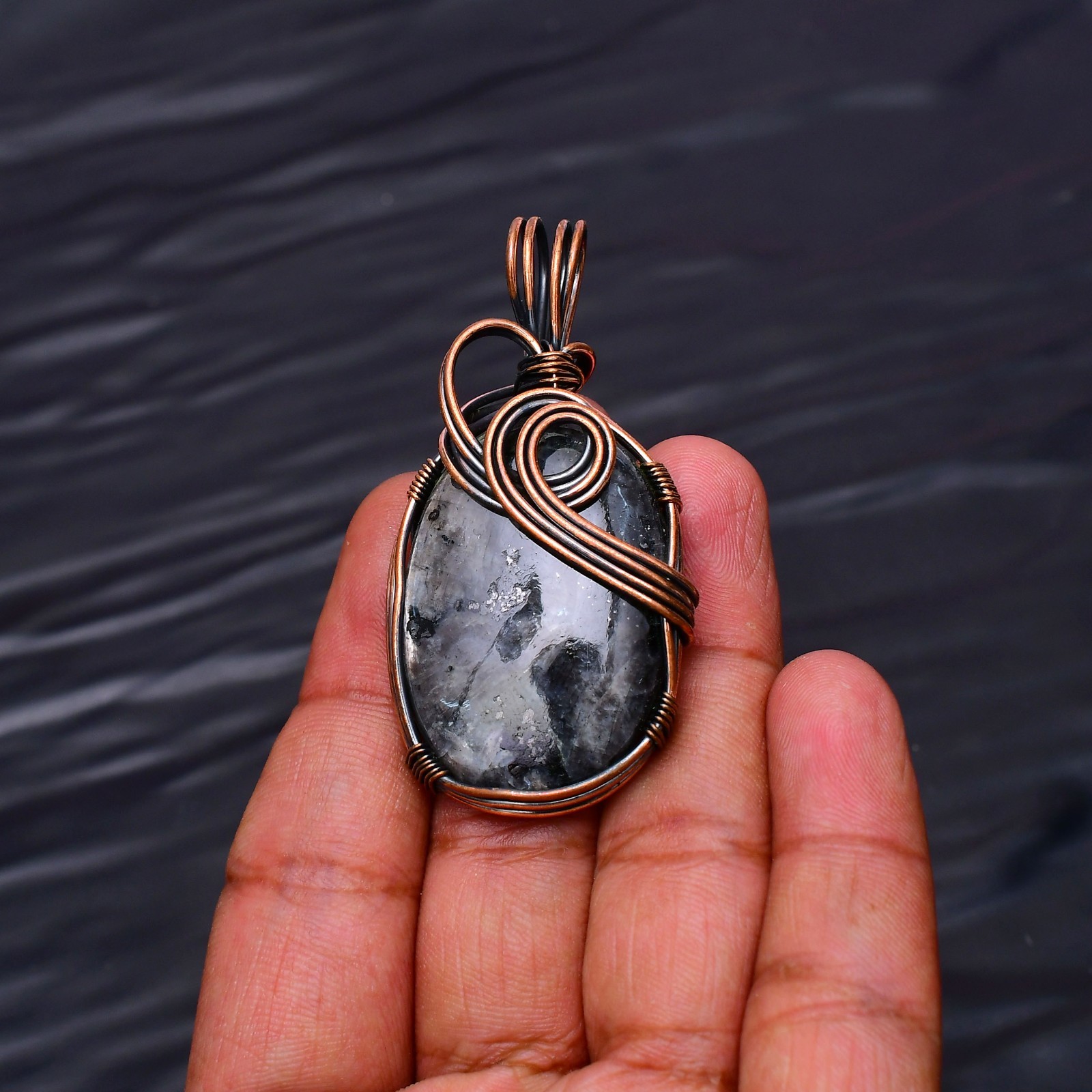 Larvikite Gemstone Copper Wire Wrapped Handmade Jewelry Pendant 2.20″