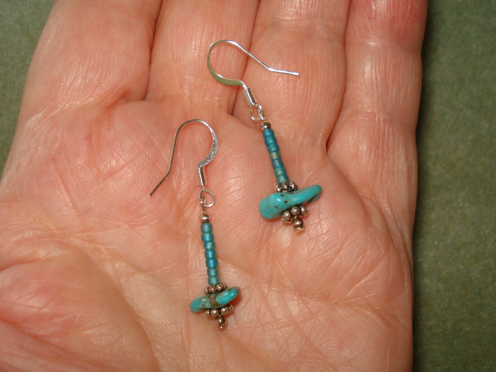 1 1/2″ Dangle Handmade Turquoise Nugget & Aqua Glass on Silver Plated Earrings