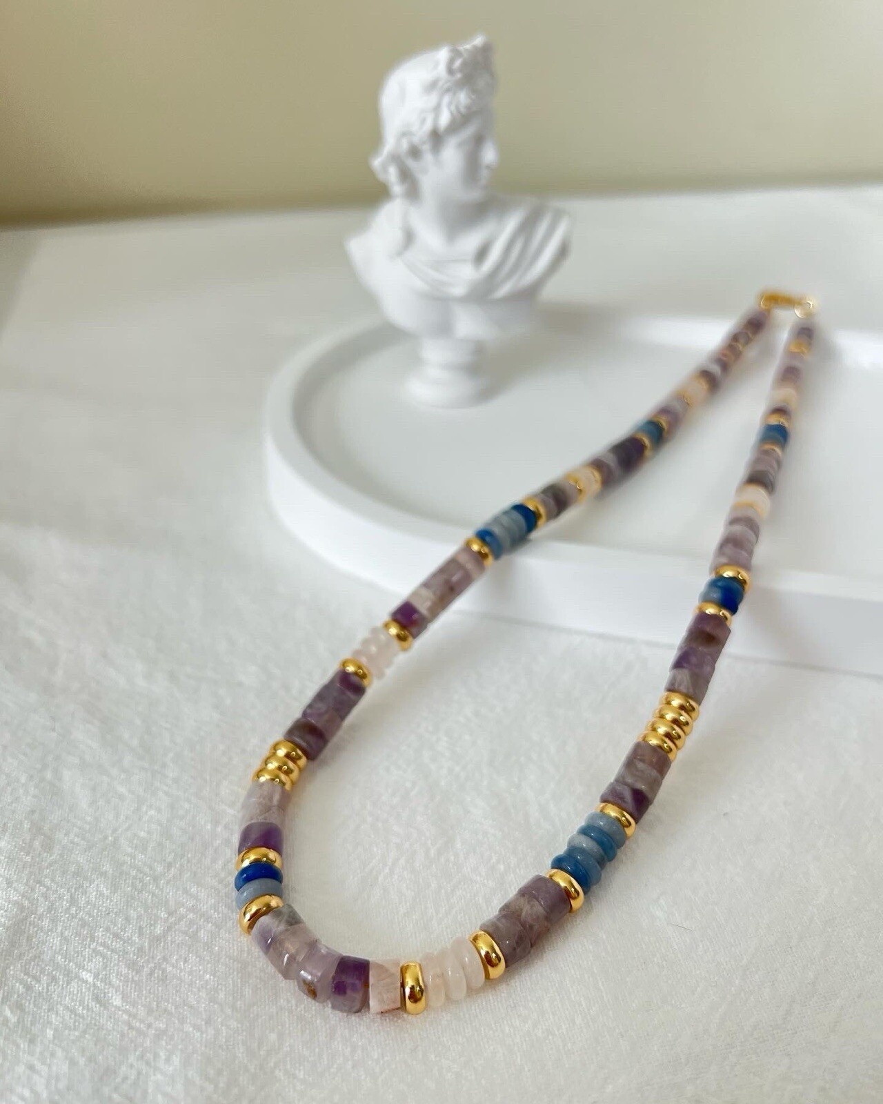 Layered Jade Necklace Set, Purple/Blue/White Beads, 18K Gold Plated, Handmade