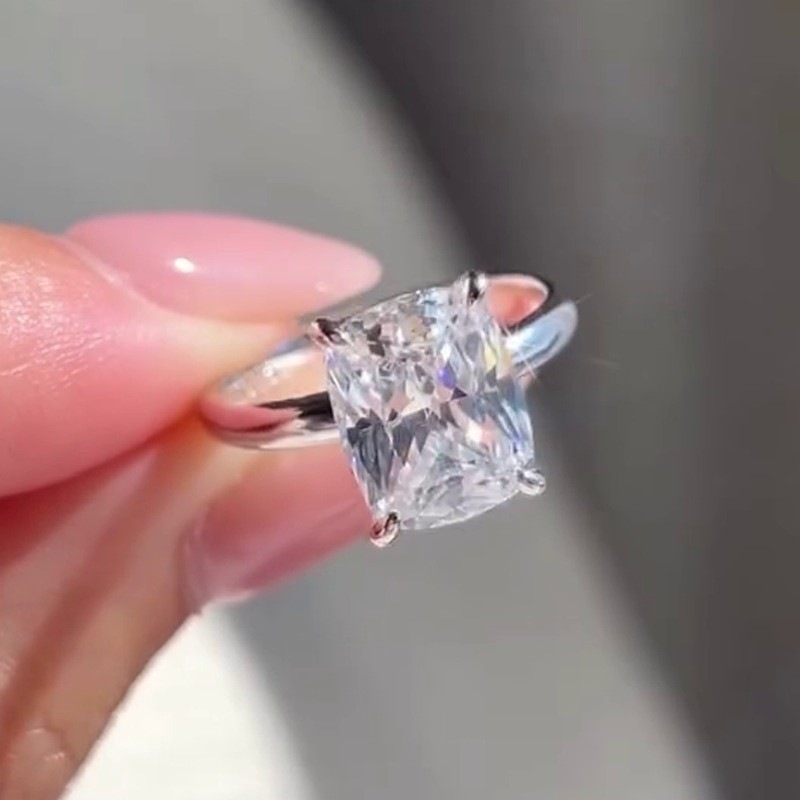 3.85 TCW Elongated Cushion Cut Moissanite Engagement Ring 14K White Gold Plated