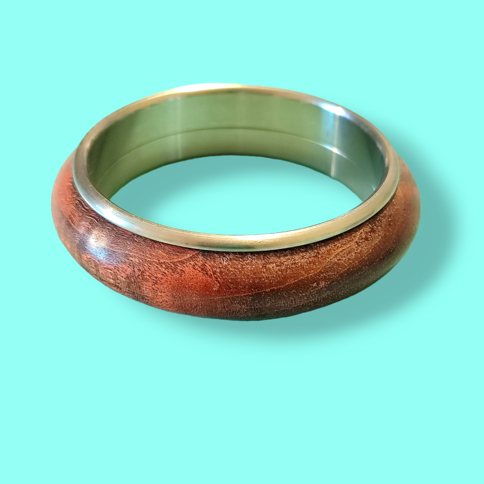Stainless Steel And Solid Cherry Wood Color Bangle Bracelet 7.5in
