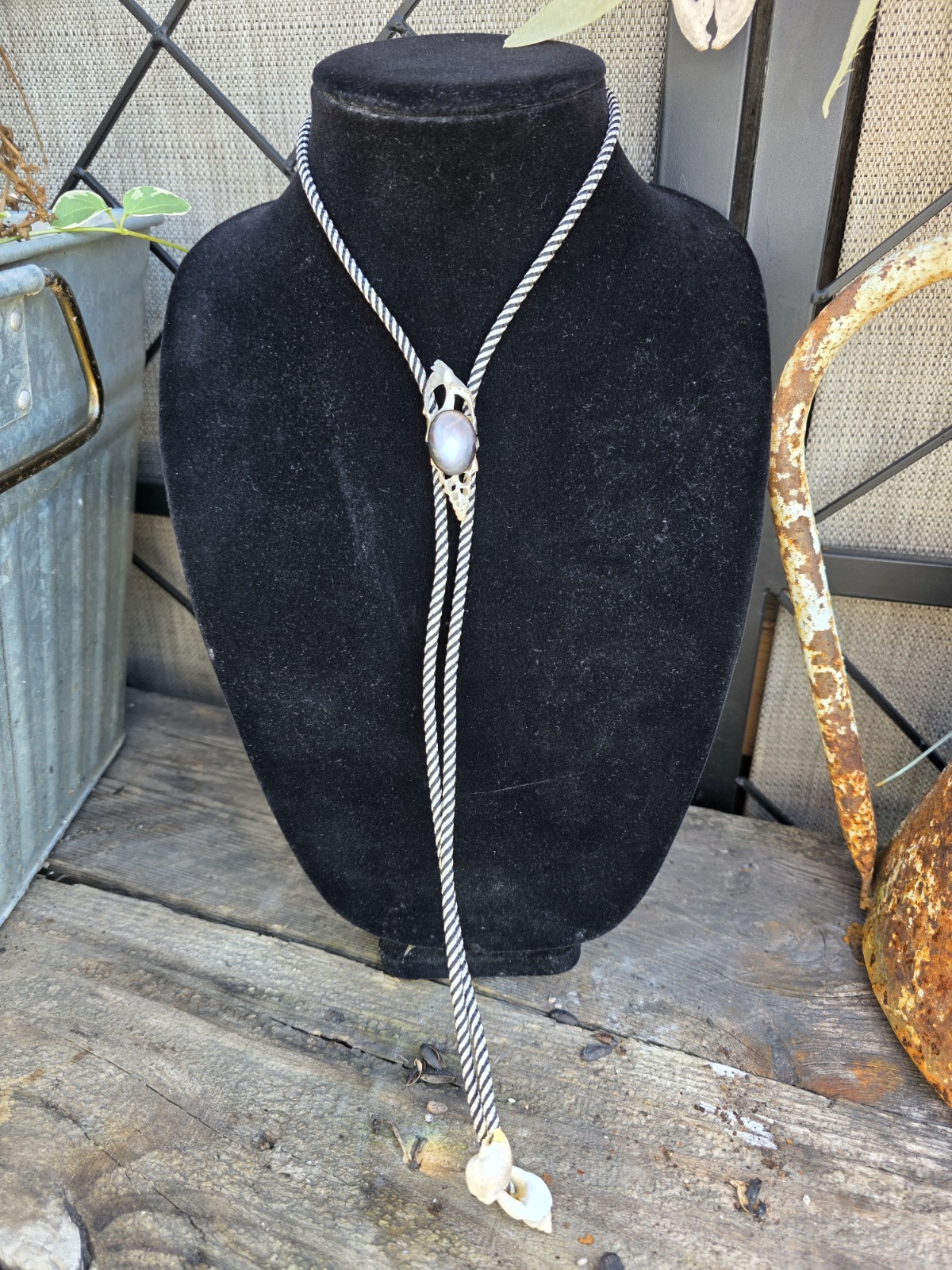 Bolo Tie. . Lavander Stone. Shells. 34″