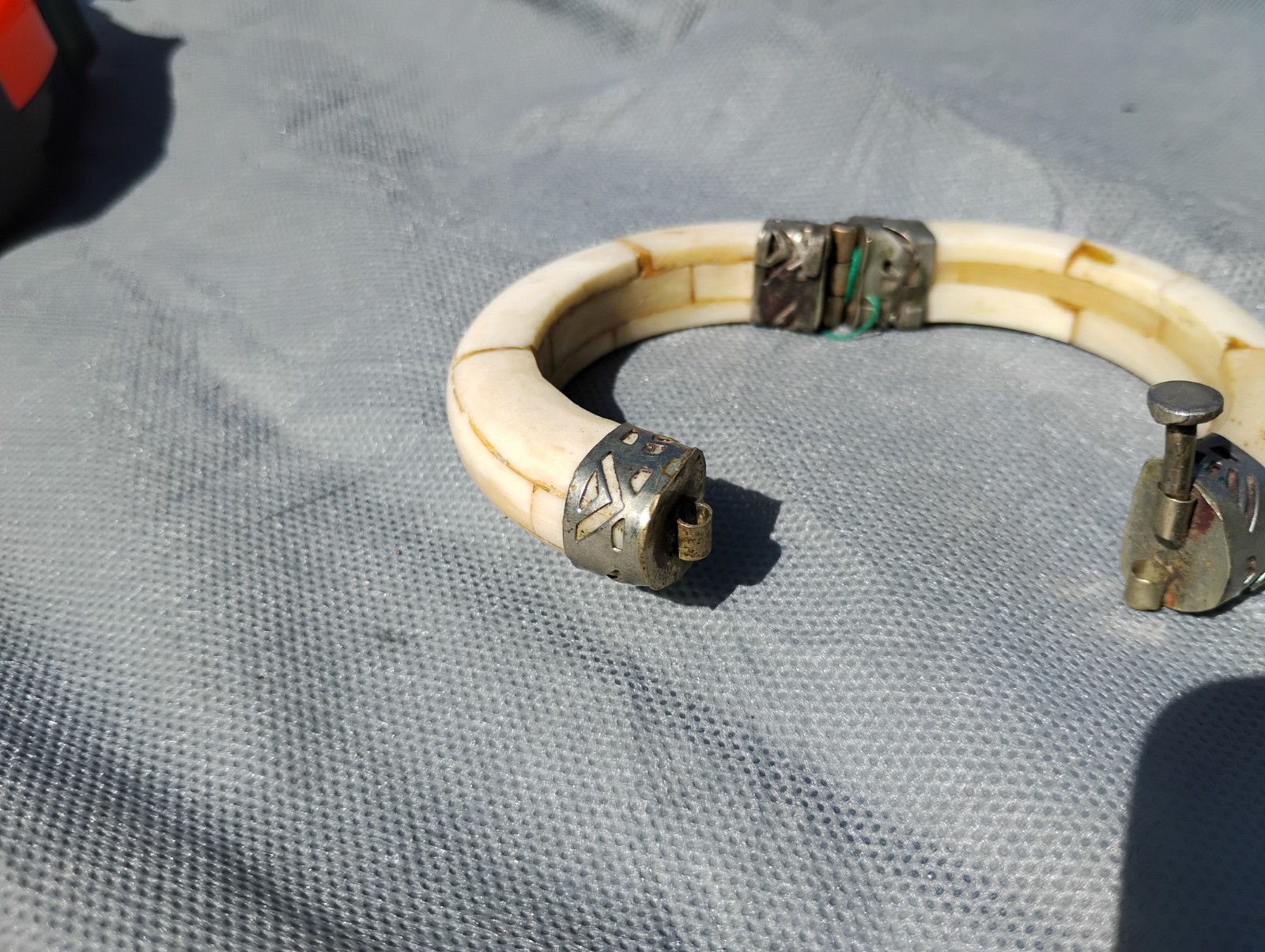 Antique Bovine Water Buffalo Carved Bone Metal Hinged Bangle Bracelet Pre-Loved