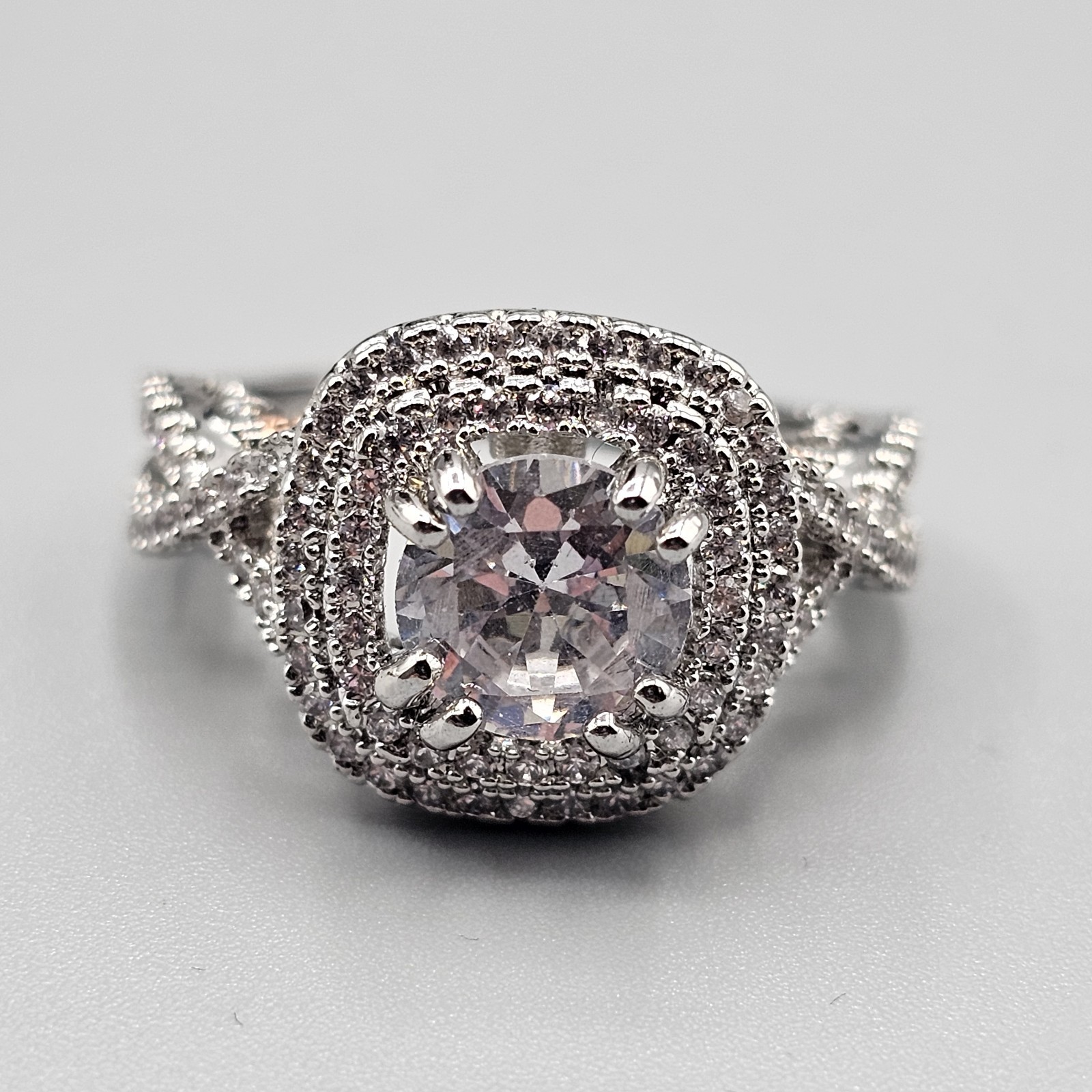 CZ Engagement Cocktail Ring Two Tone Double Halo Open Work Band Size 6.75