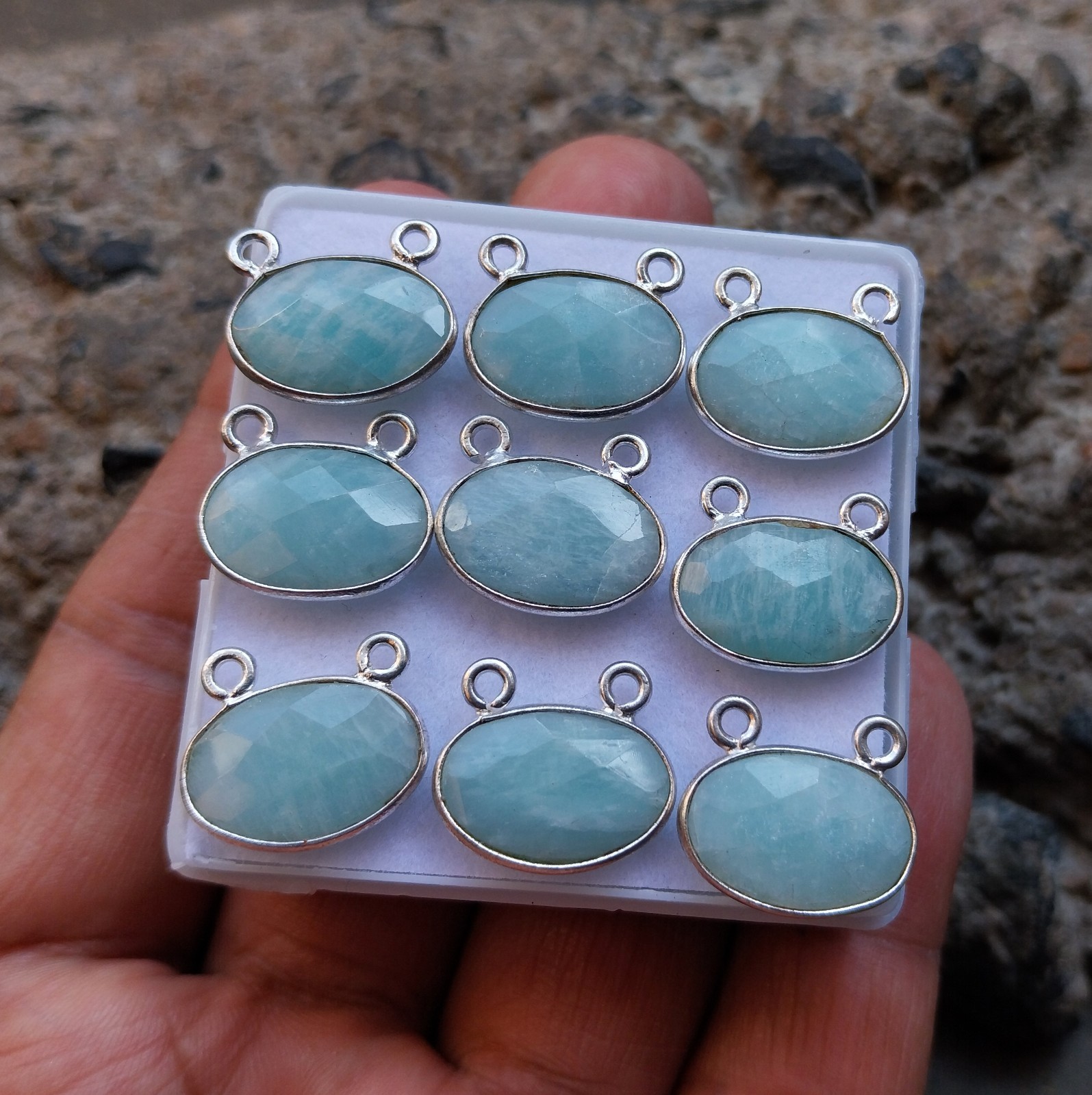 925 Sterling Silver 12 to 16 MM Amazonite Oval 9 Piece Double Loop Pendant