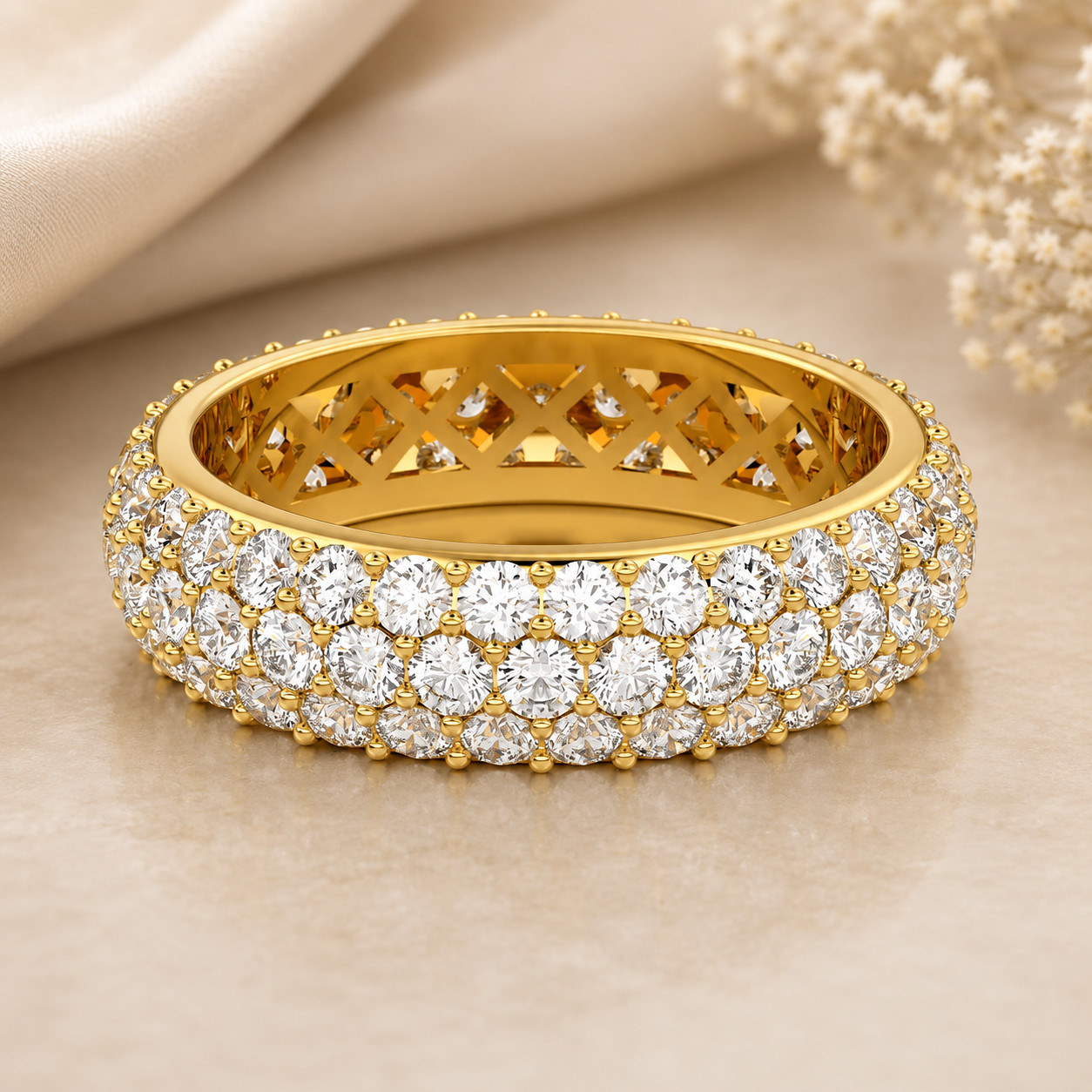 3Row Pave Full Eternity Moissanite Dome Wedding In Sterling Silver Gold Over 3Ct