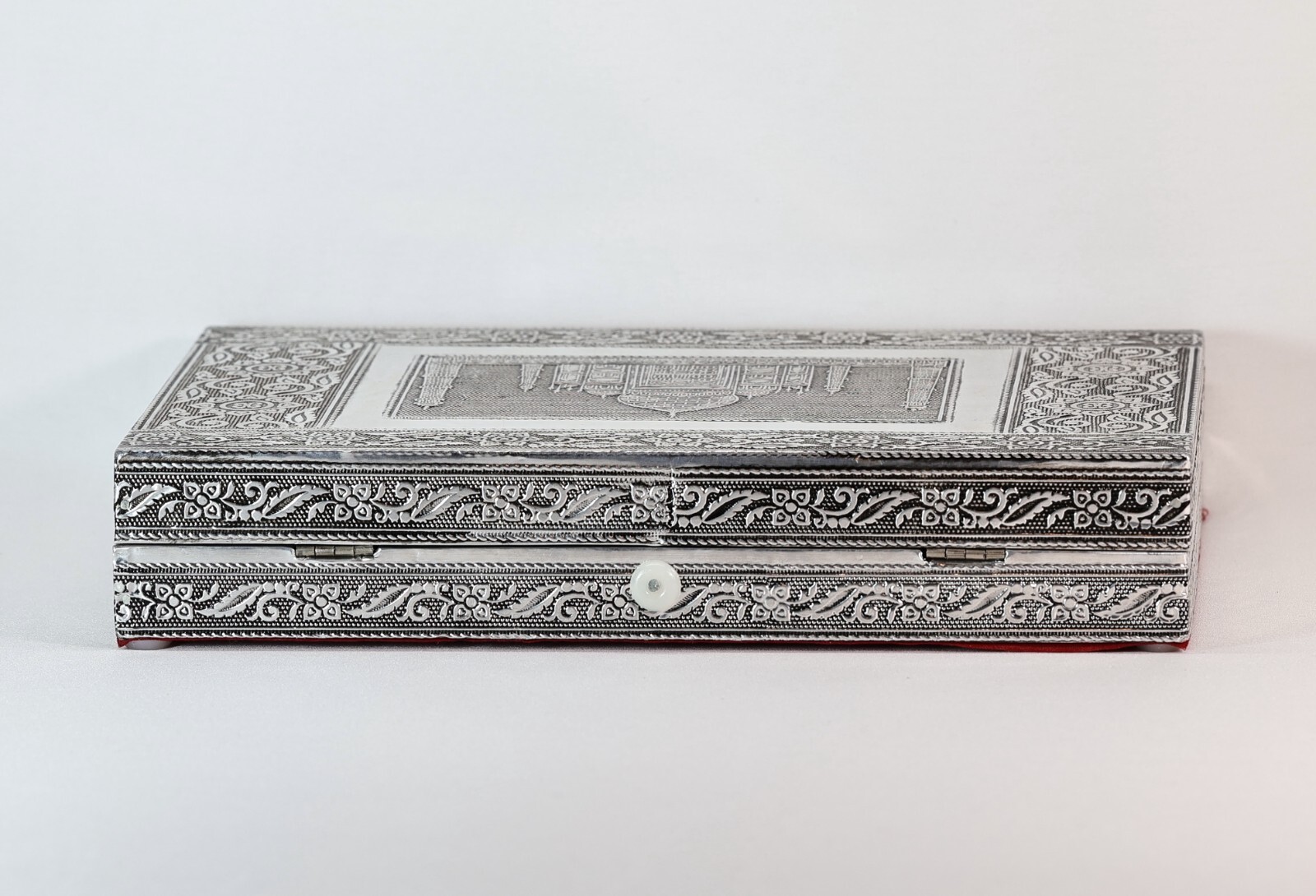 Vintage Silver Tone Taj Mahal Ring Jewelry Box Red Velvet Lined Mirror Large