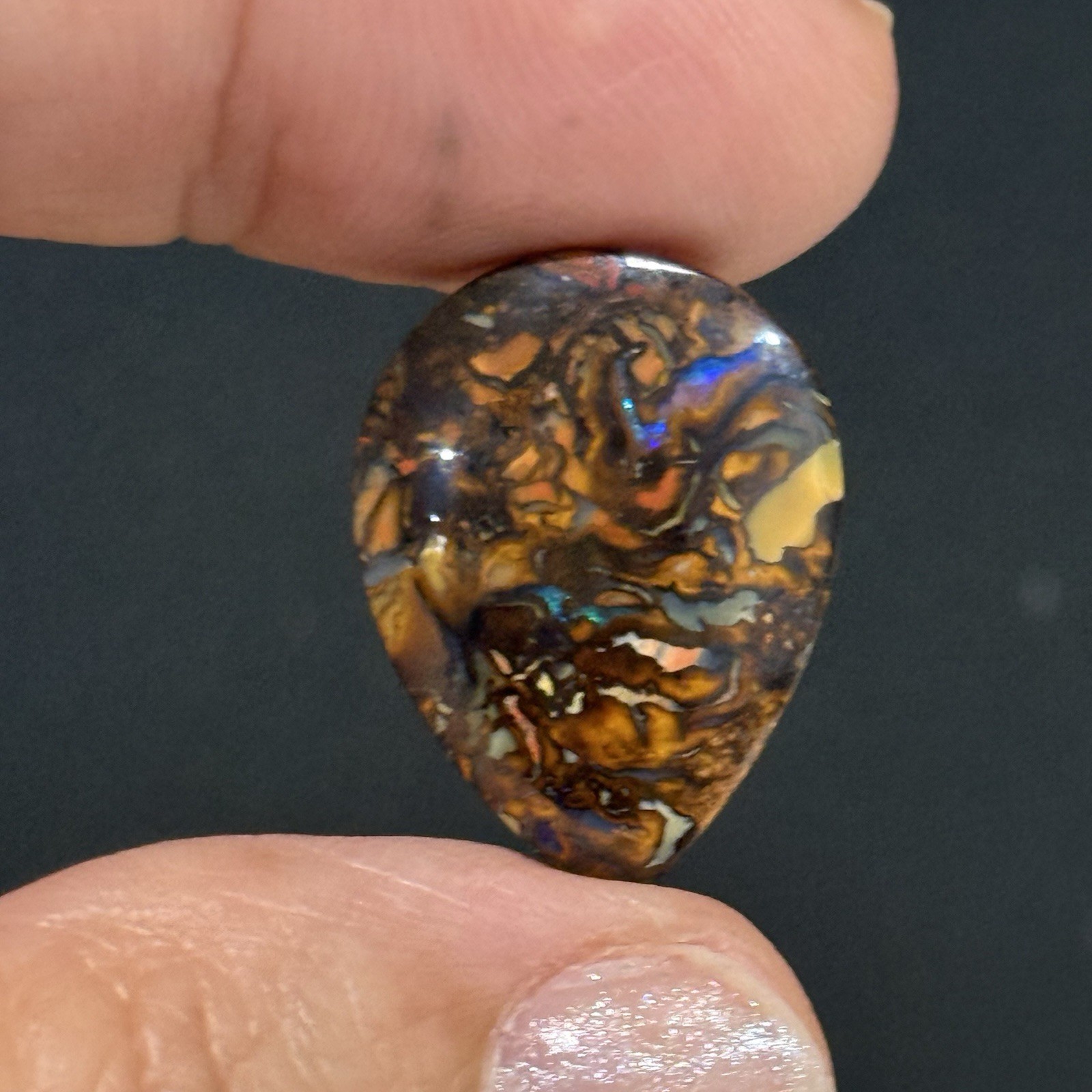 14.2ct 22.3×16.6×4.5mm Colorful Australian Koroit Boulder Opal Drop Cabochon Gem