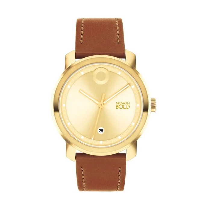 MOVADO BOLD 3600998 TREND PROPEL GOLD DIAL BROWN LEATHER STRAP WOMENS WATCH