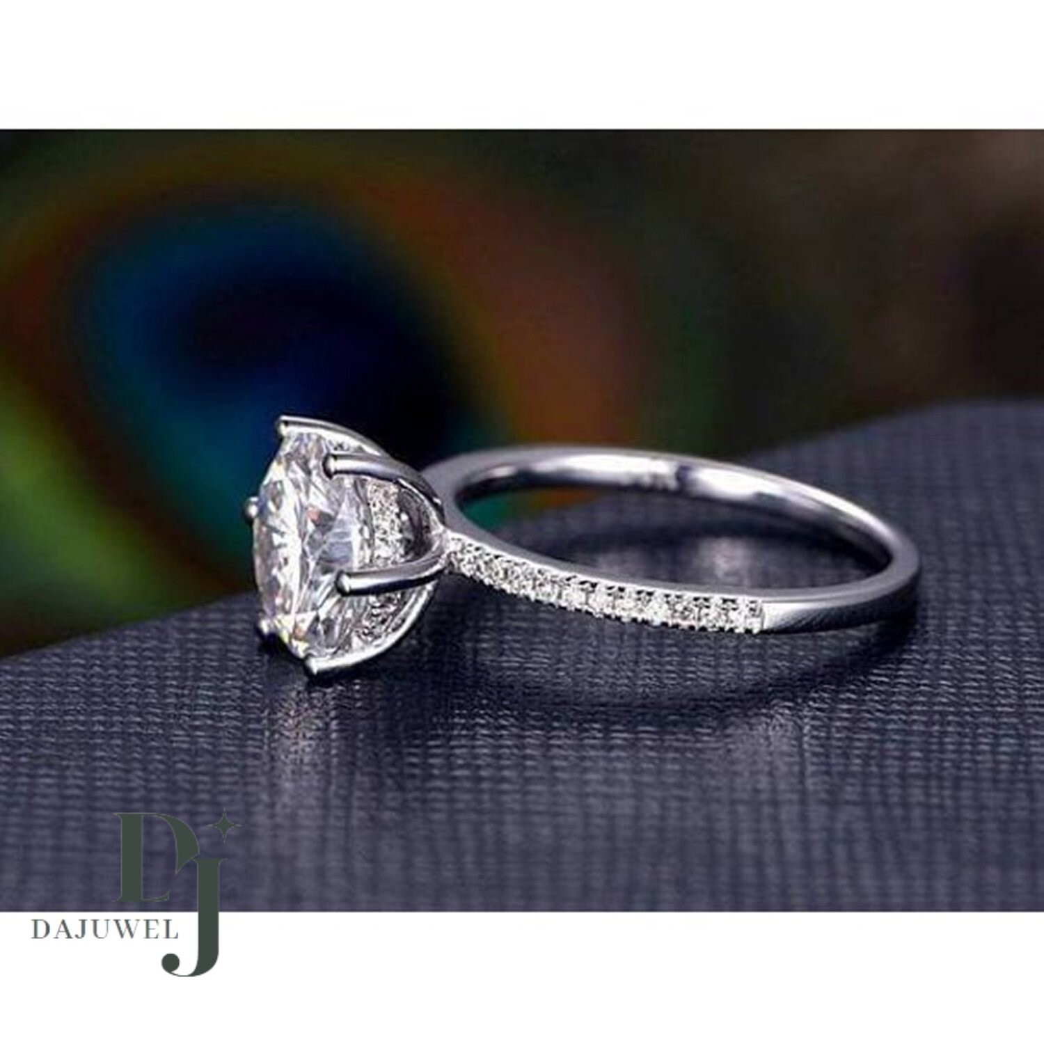 Moissanite Solitaire Engagement Ring Solid 14K White Gold Round Cut 2 Carat VVS1