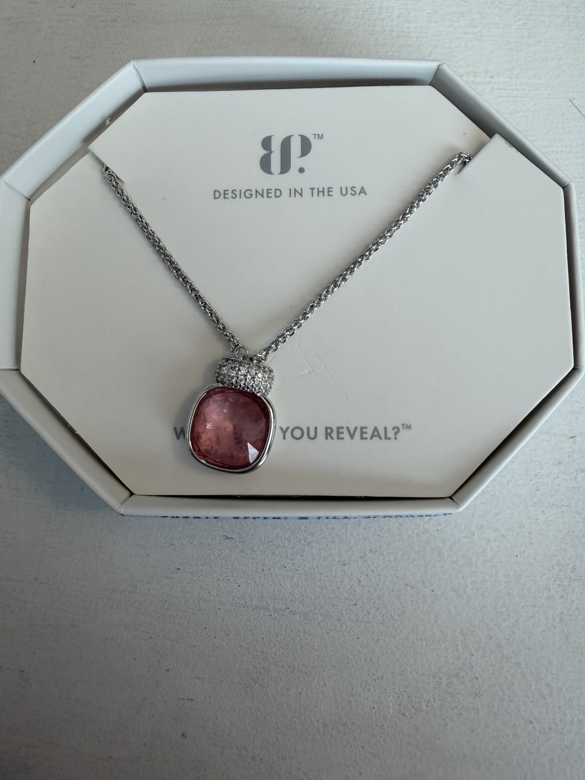 BP Rhodium Plated Lab-Created Rose Quartz Bezel Pendant Necklace 18+2.5″ NK67481