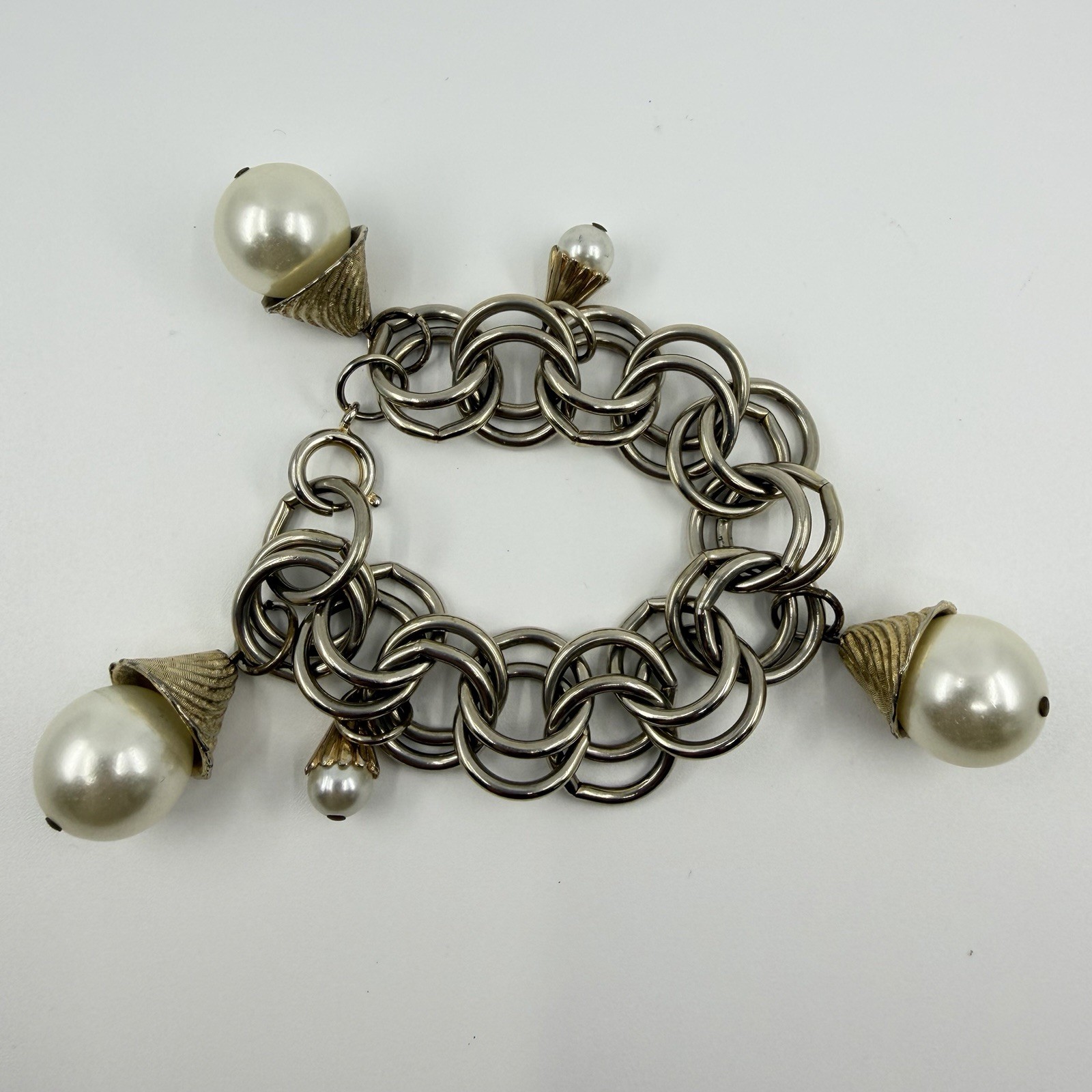 Signed Germany Chunky Chain Link Charm Bracelet Faux pearl Ribbed Hardware