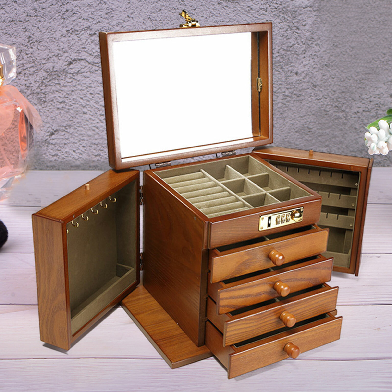 5 Layers Vintage Large Jewelry Organizer Wooden Storage Box Case with 4 Drawers