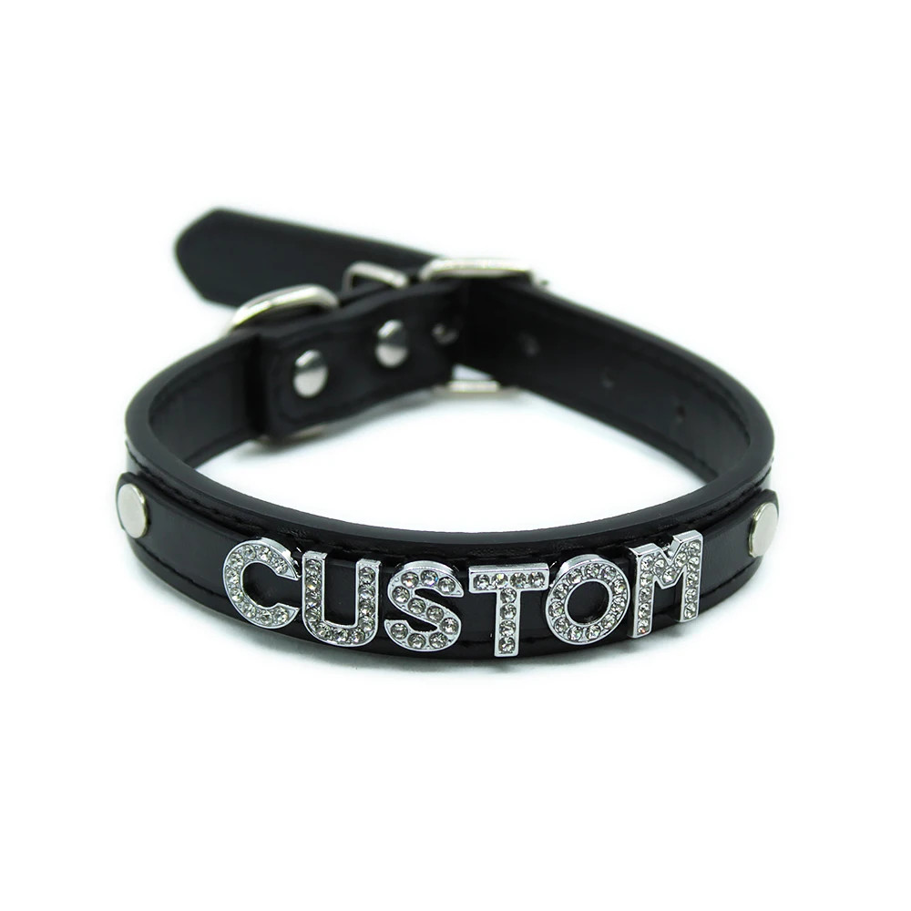 Rhinestone Leather Custom Necklace Name Trendy Letters Sexy PU Choker Collar C3