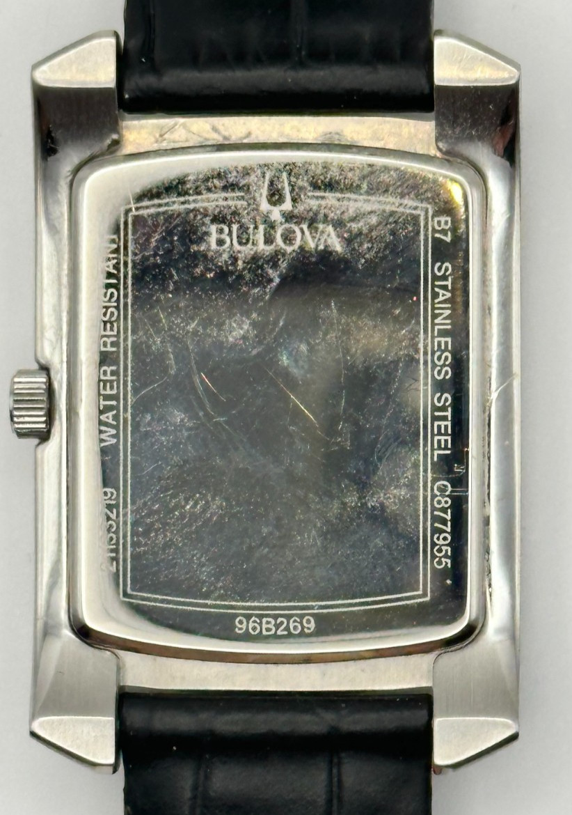BULOVA Quartz Tank, 31mm Silver-Tone/Black Leather Band, Ref. 96B269; Fast Ship!