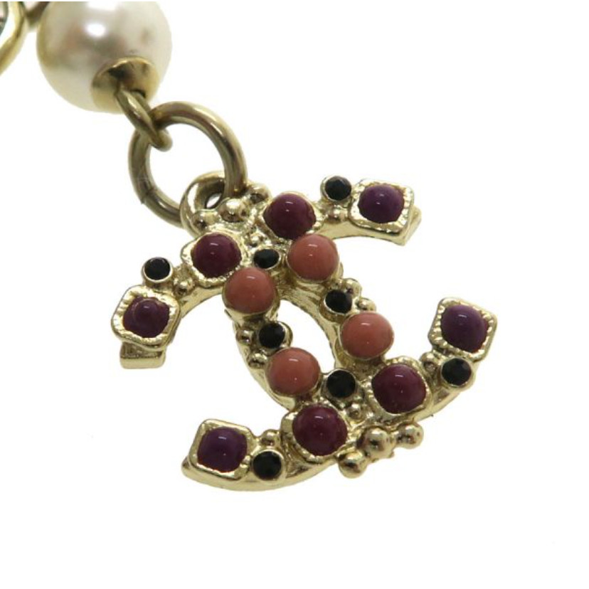CHANEL CC Logo Multicolor Stone Pearl Bracelet 6.5″ Gold Tone 12P Auth #6767F