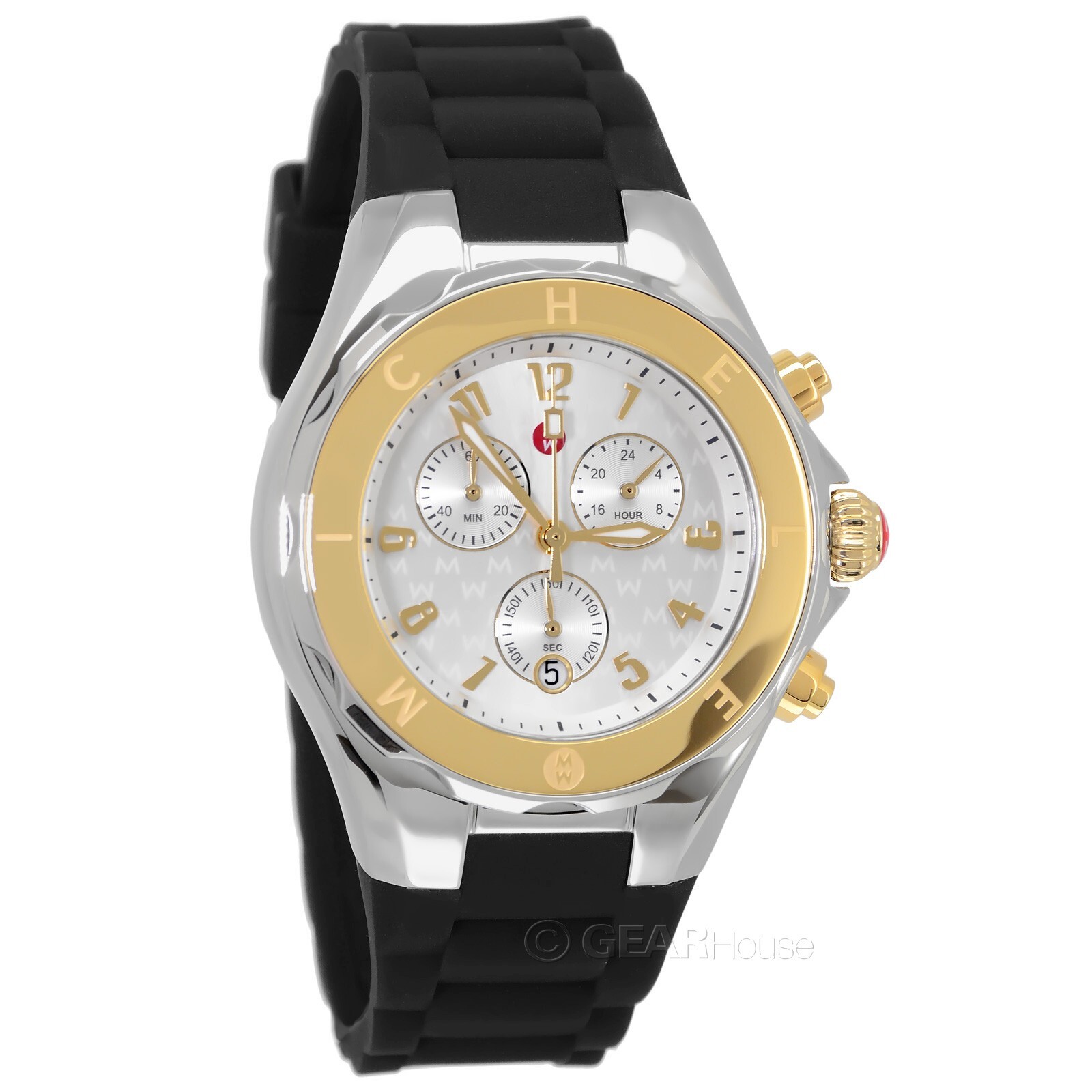 MICHELE Jelly Bean Womens Chronograph Watch Two Tone Gold Silver, Black Silicone
