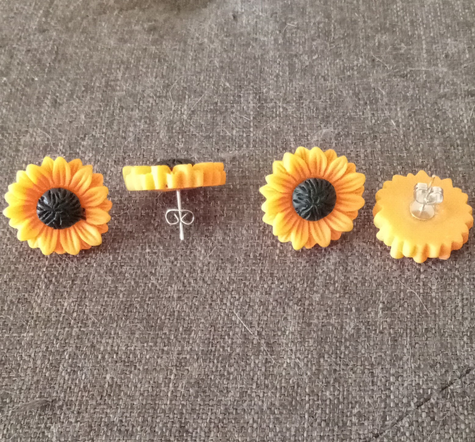 Yellow Black Sunflower Flower Stud Earrings Pair, Resin, Butterfly Back, Lobe