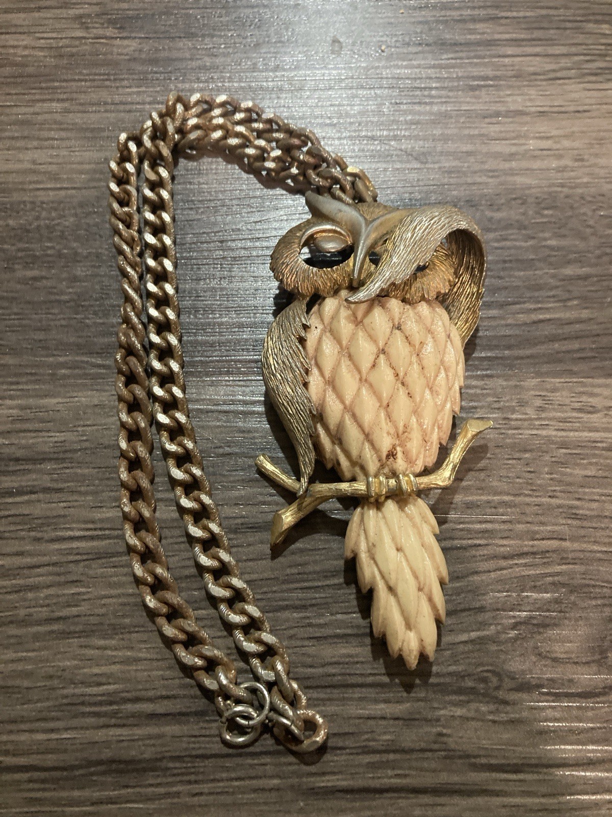 Vintage 1970’s Bashful Owl Necklace by Luca Razza Gold Tone Chain Pendant