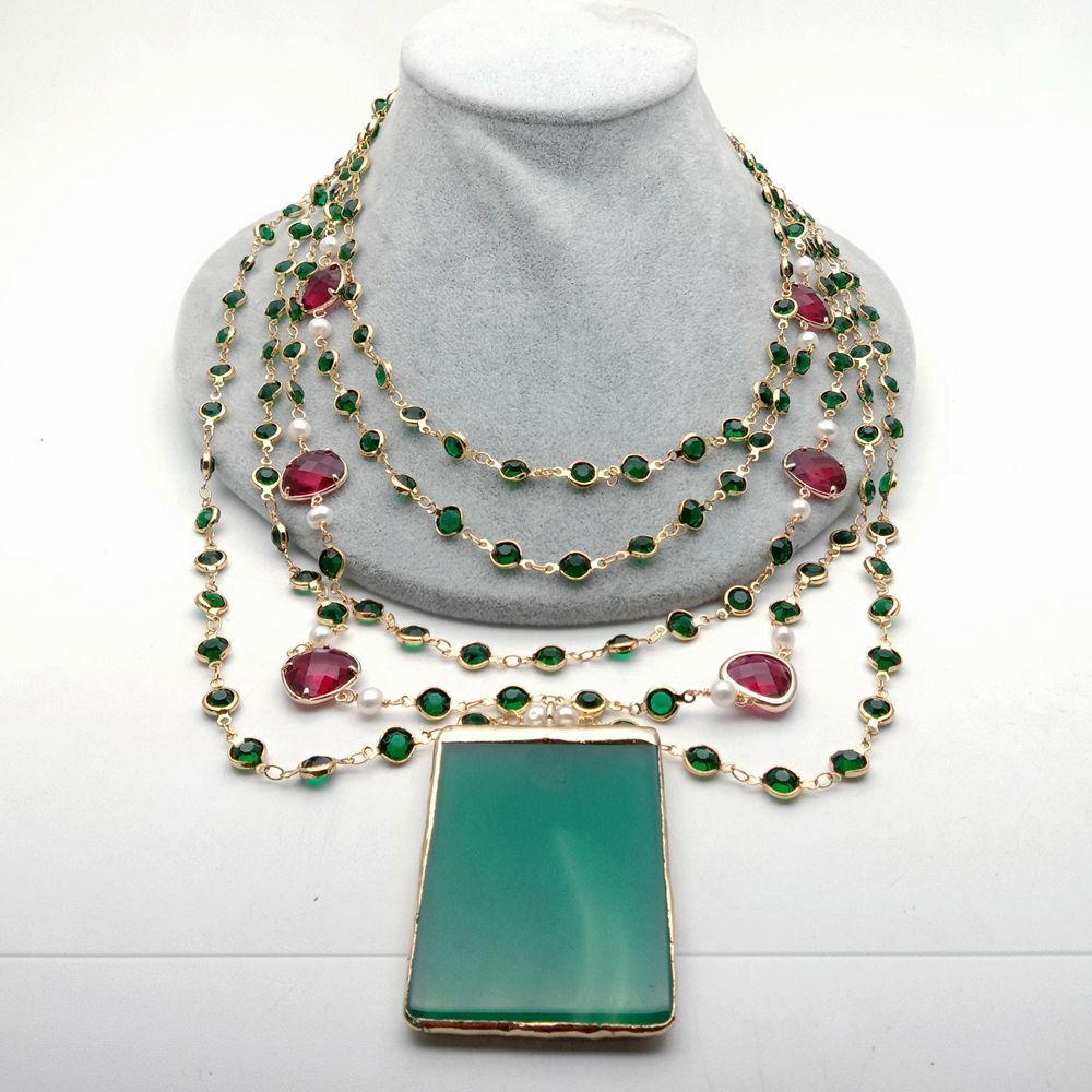 5 Strands 18” White Pearl Green Crystal Chain Necklace Green Agate Pendant
