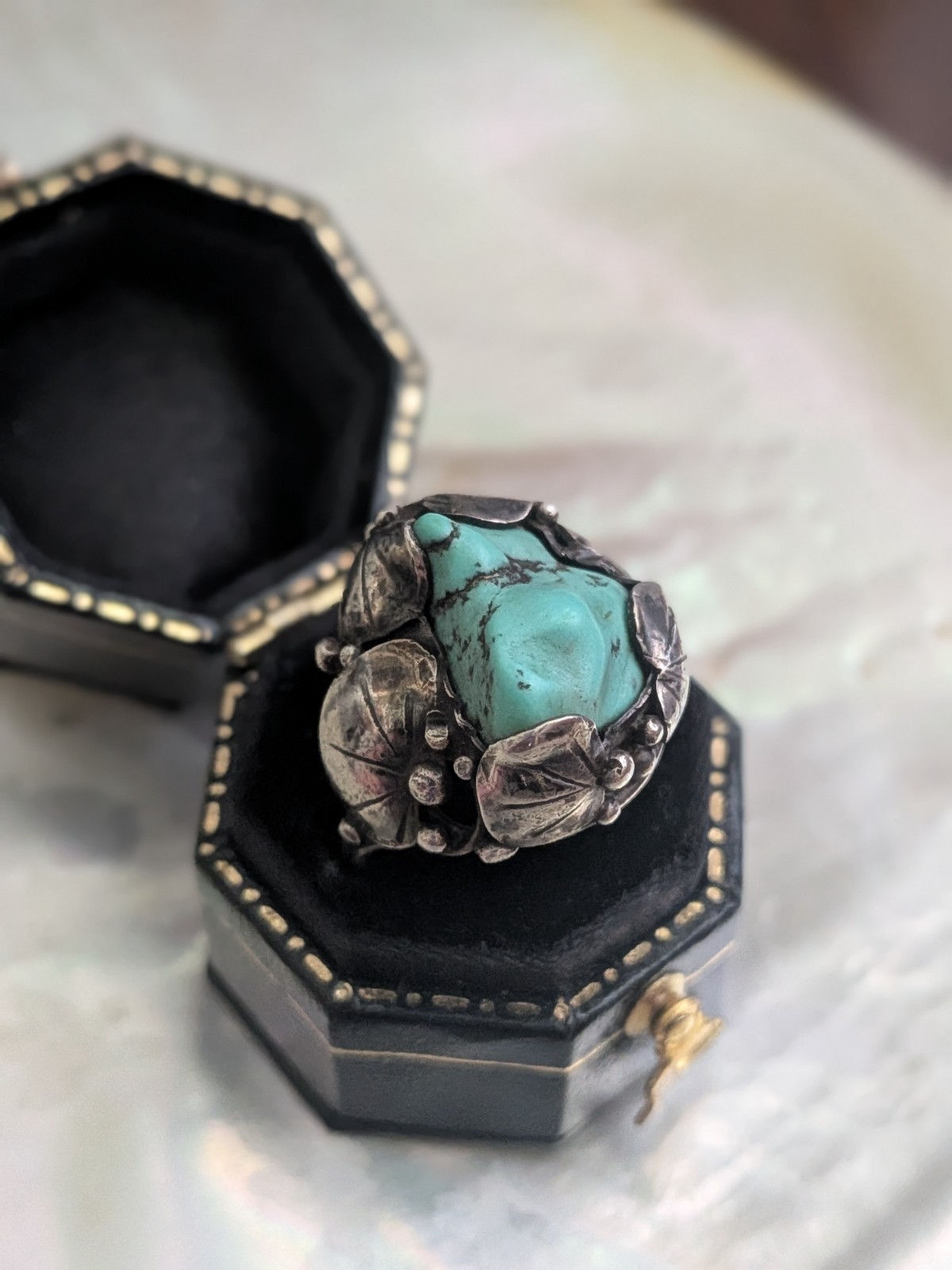 Vintage Mary Gage Turquoise & Sterling Ring- Lily Pad Motif