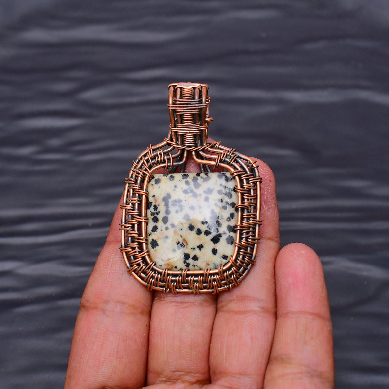 Dalmatian Jasper Gemstone copper wire wrapped Handmade pendant Jewelry 1.96″