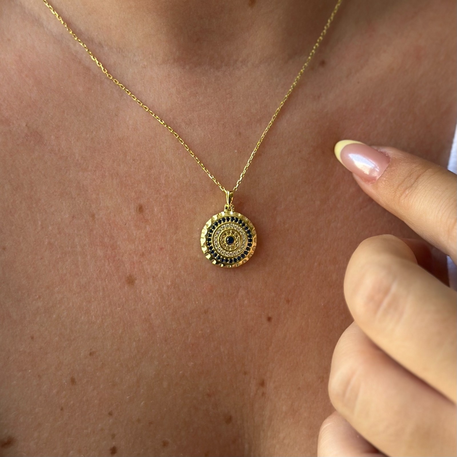 14k Gold Evil Eye Necklace Lab-Created Sapphire Diamond Pendant Protection Jewel