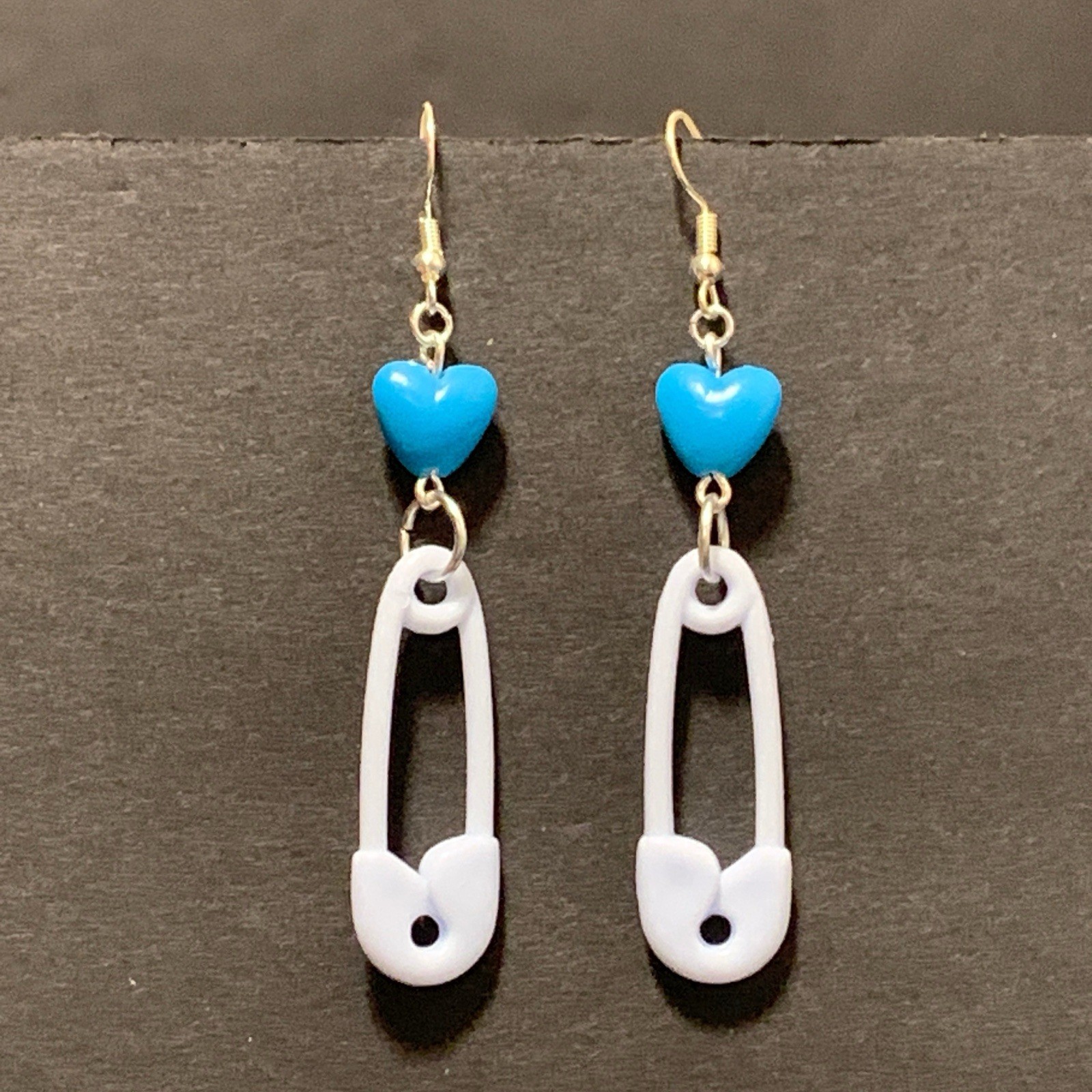 Baby Shower Gift Earrings Handmade Blue Safety Pin Gender Reveal Cute Toy Heart