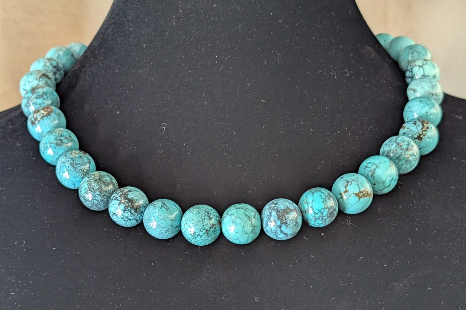 18″ Sterling Silver 13.5mm Natural Hubei Chinese Turquoise Bead Necklace 114g