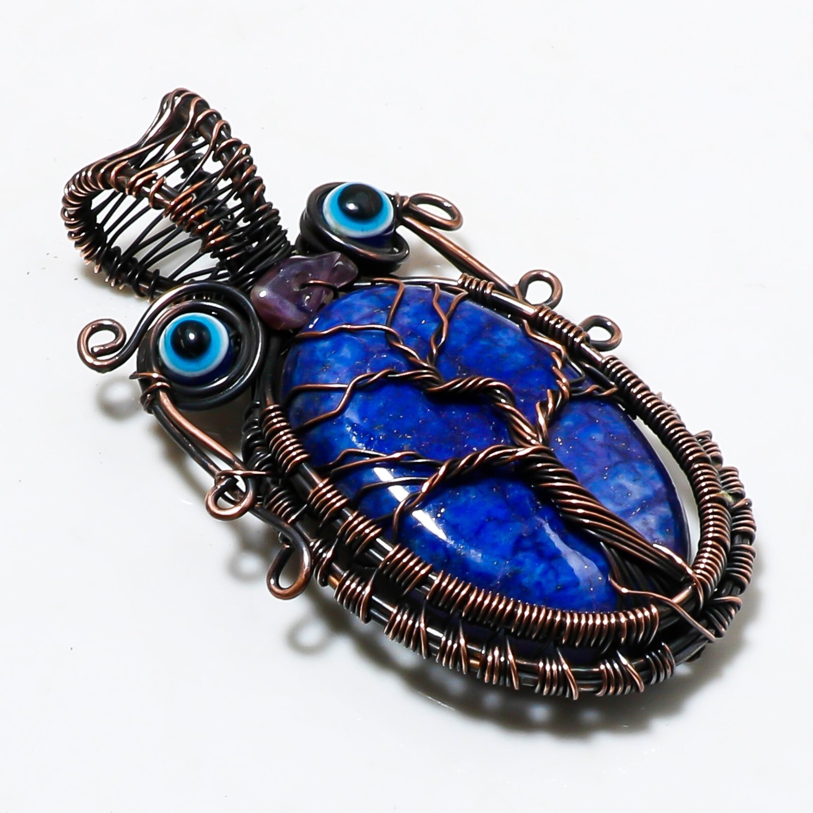 Wire Warp Copper Lapis Lazuli Amethyst Gemstone Pendant Jewelry Size 3 Inches