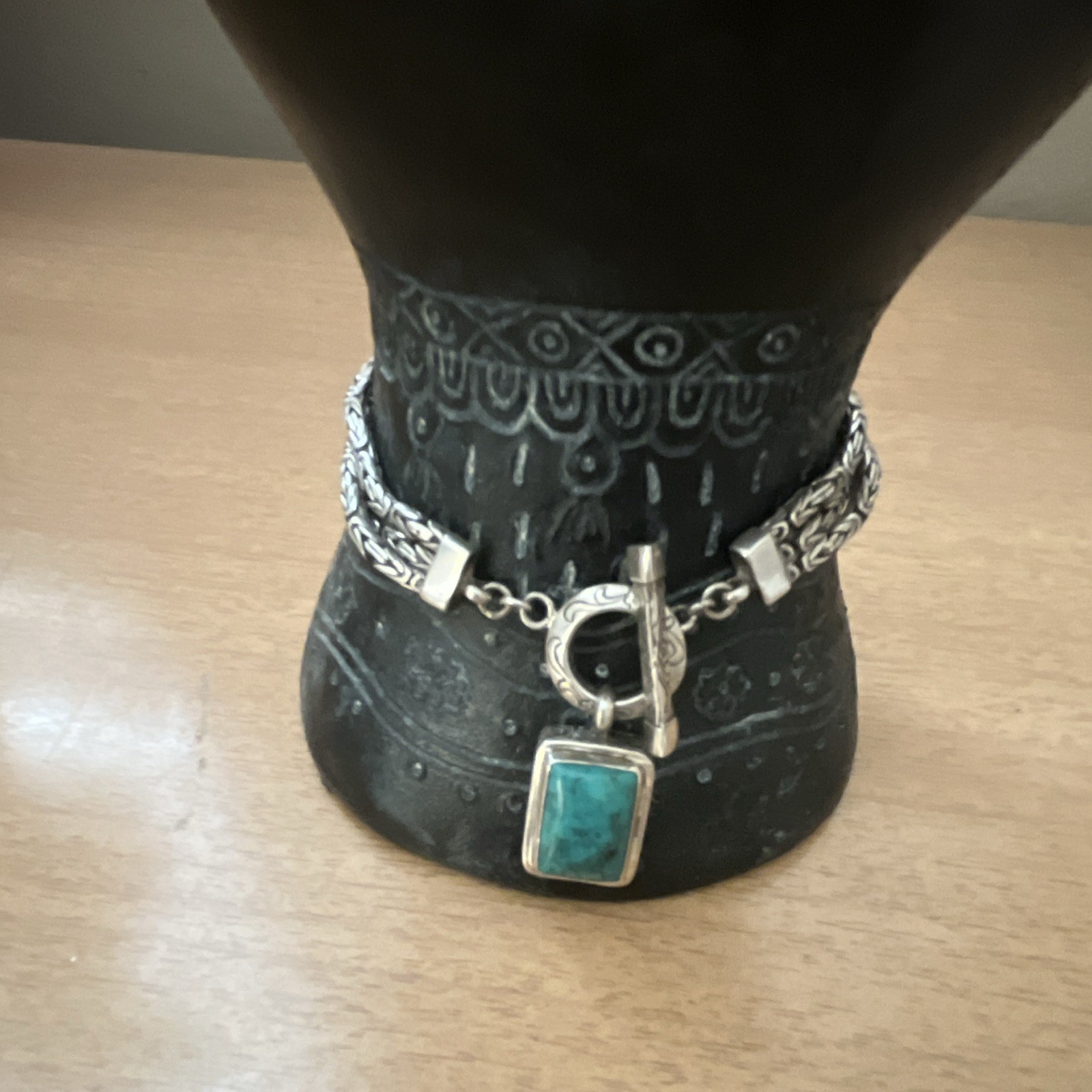 Vintage Sterling Silver 925 Triple strand bracelet w/turquoise 8”