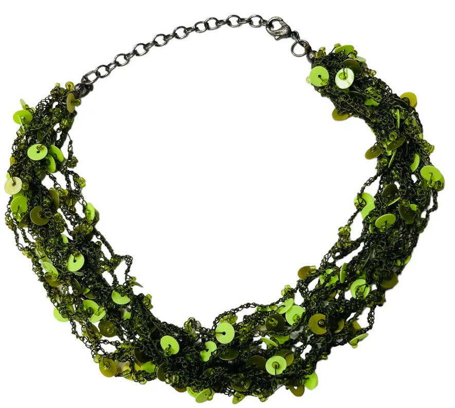 RETRO GREEN SEQUIN CHOKER CROCHETED NECKLACE BOHO MULTI STRAND VTG STRETCHY 16”