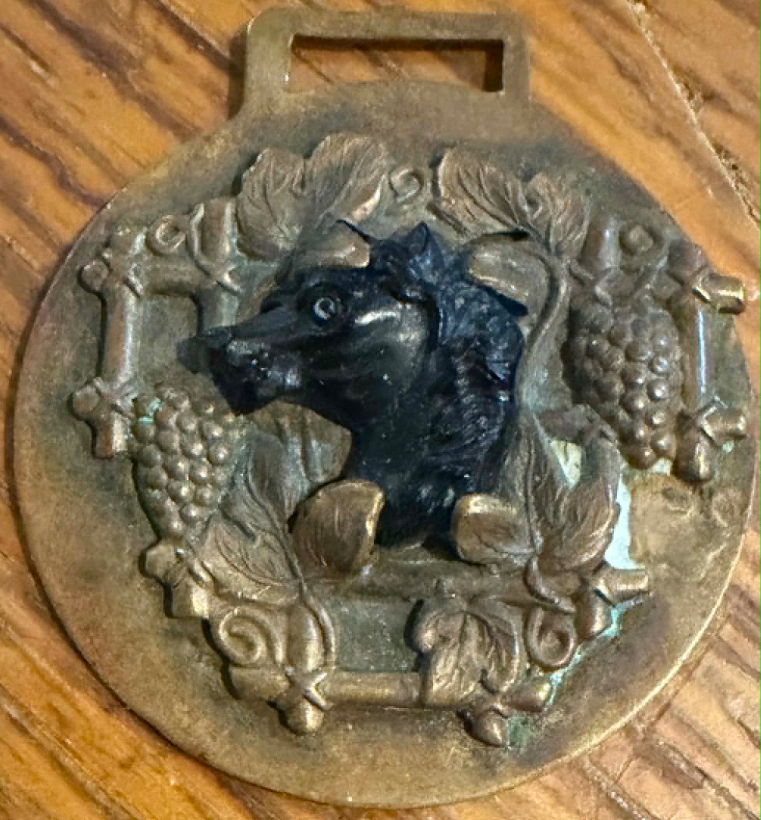 Watch fob: Dog–plastic, Bakelite, jet or other black material; brass (Lot #350)