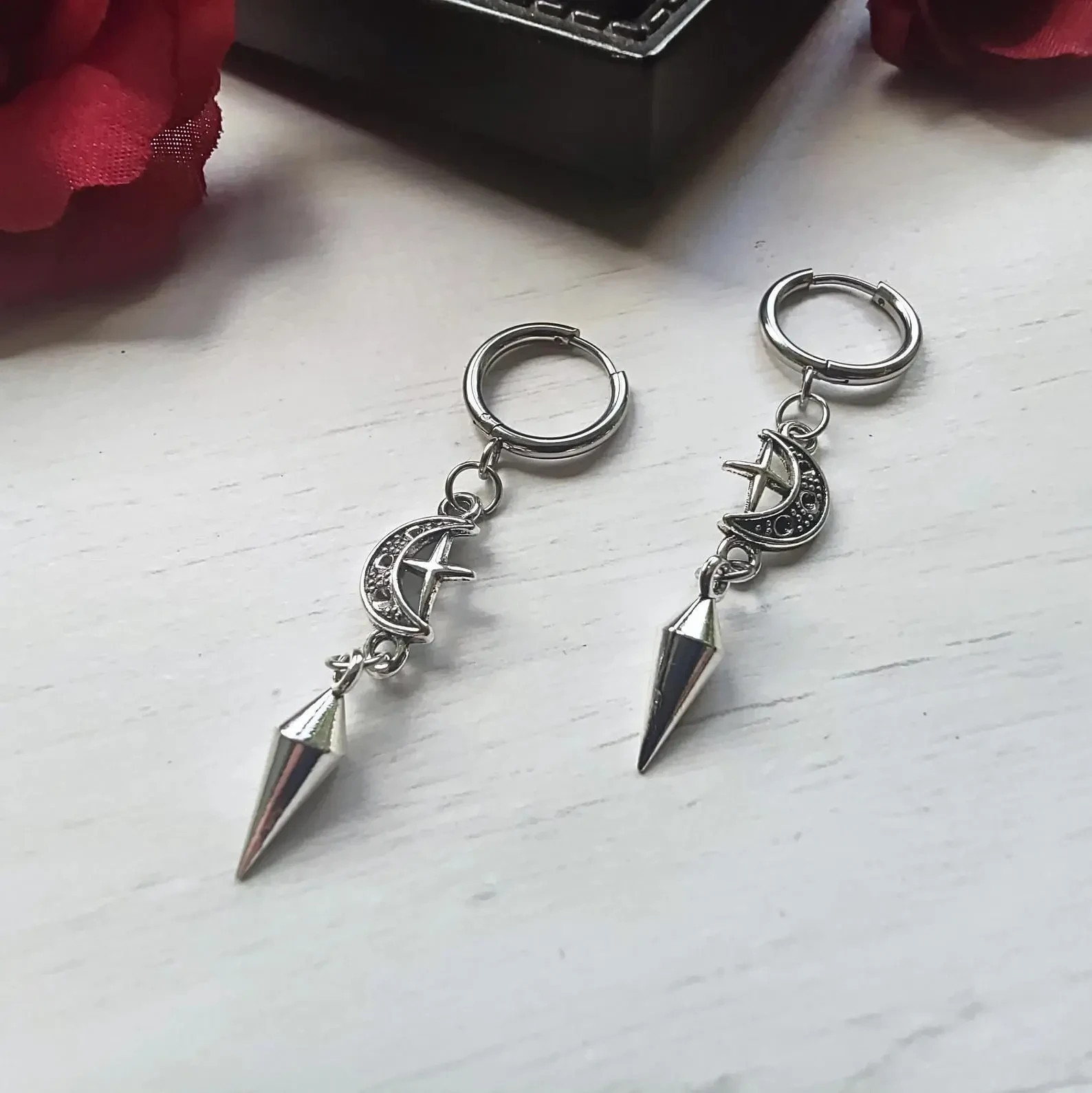 Gothic Crescent Moon Spike Earrings Grunge Punk Witchy Celestial Hoop Jewelry