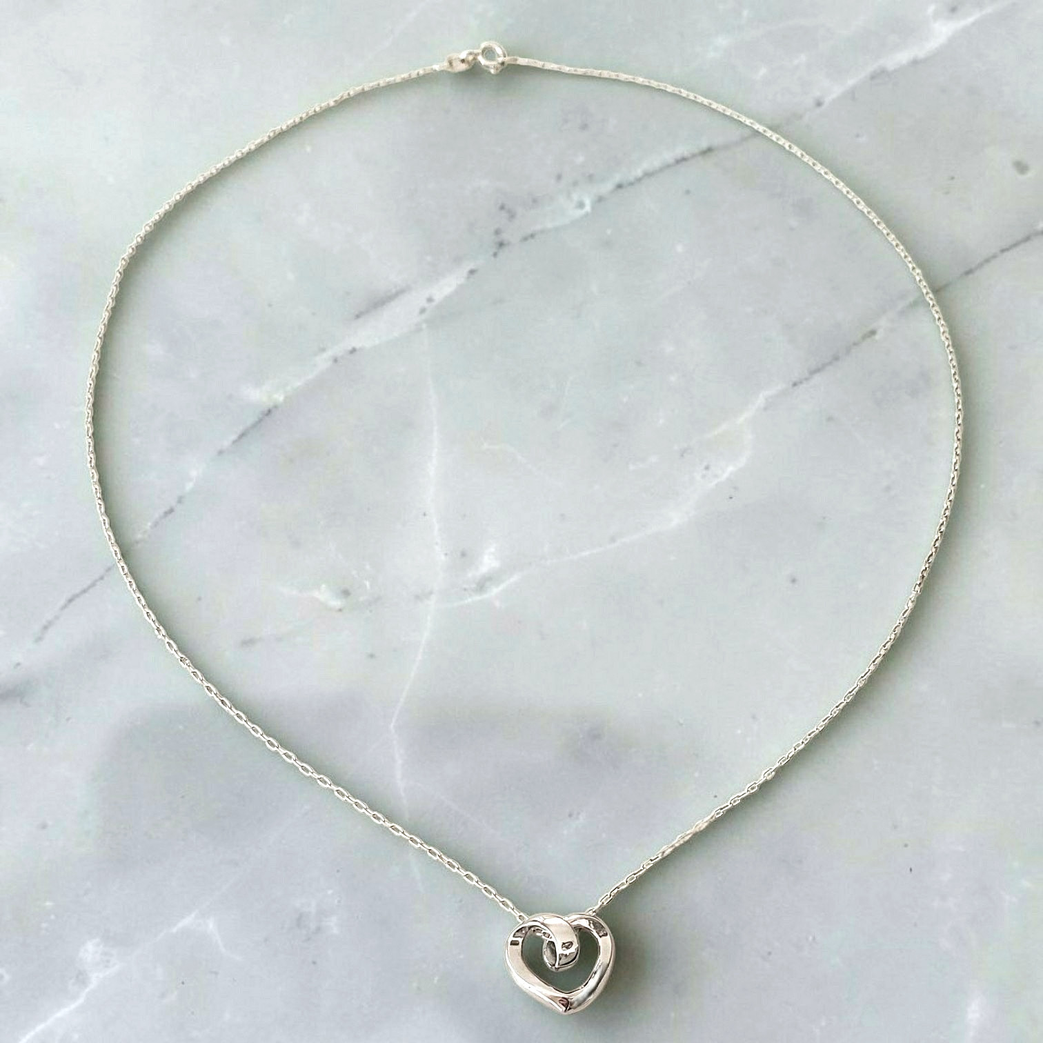 Vintage 14K White Gold Italian Open Heart Pendant 925 Italy Chain Golden Clef