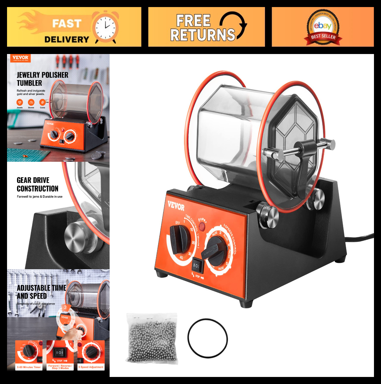 Mini Rotary Jewelry Polisher Tumbler Machine, 6.6lbs Capacity, 5 Speeds, Timer f