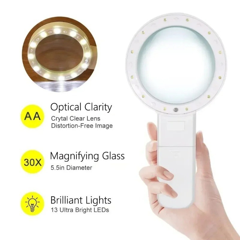 30x Jumbo Handheld Magnifying Glass w/ 12 Bright LED Light Illuminated Magnifier