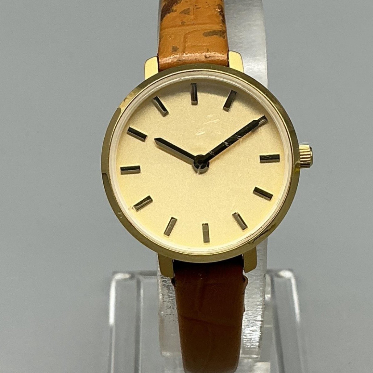 Breda Womens Watch 25mm Champagne Dial Gold Tone Brown Leather New Battery