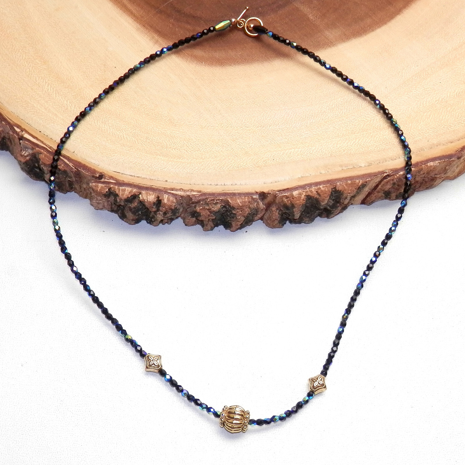 Gorgeous Black Spinel Blue Hue Beaded 1/20 14k GE Gold Plated Necklace 20.5 In