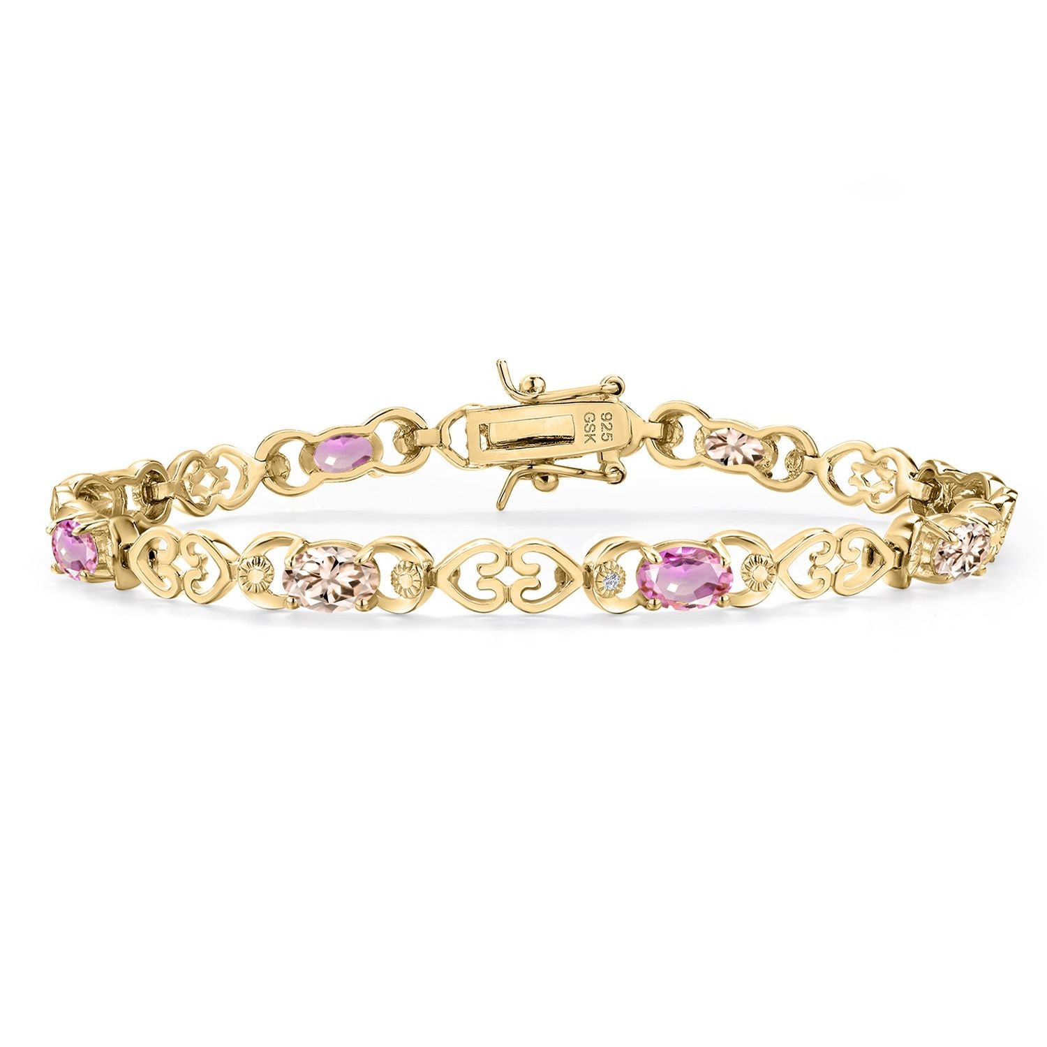 18K Yellow Gold Plated Silver Peach Morganite and Pink Sapphire and Lab Grown