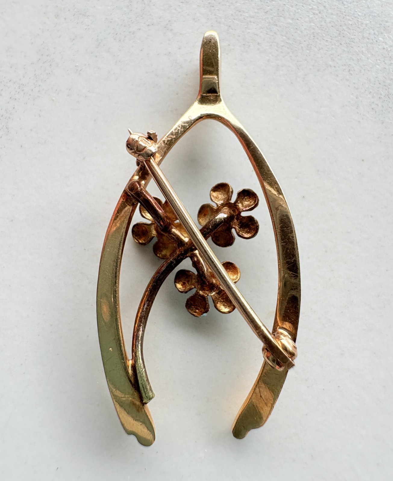 Antique Victorian 14K Stamped Wishbone Forget-me-not Blue Enamel pin 3.32 Grams