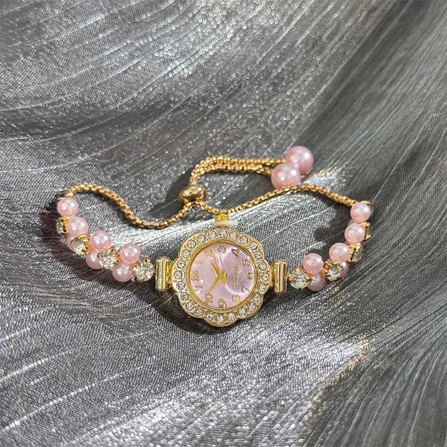 Double-Row Pearl Pull-Open Bracelet Diamond-Encrusted Case Arabic Numeral Scale