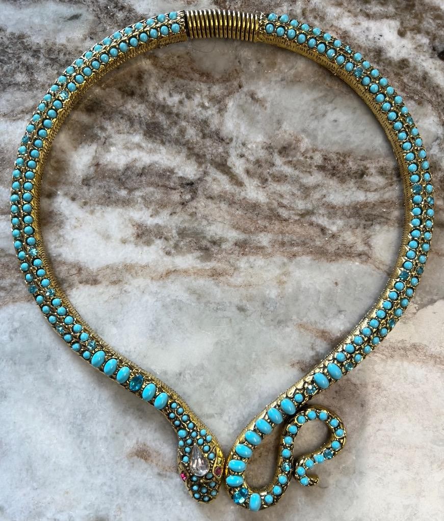 Blue Topaz Turquoise Rhinestone Snake Necklace Wrap Victorian Egyptian Rev. Faux