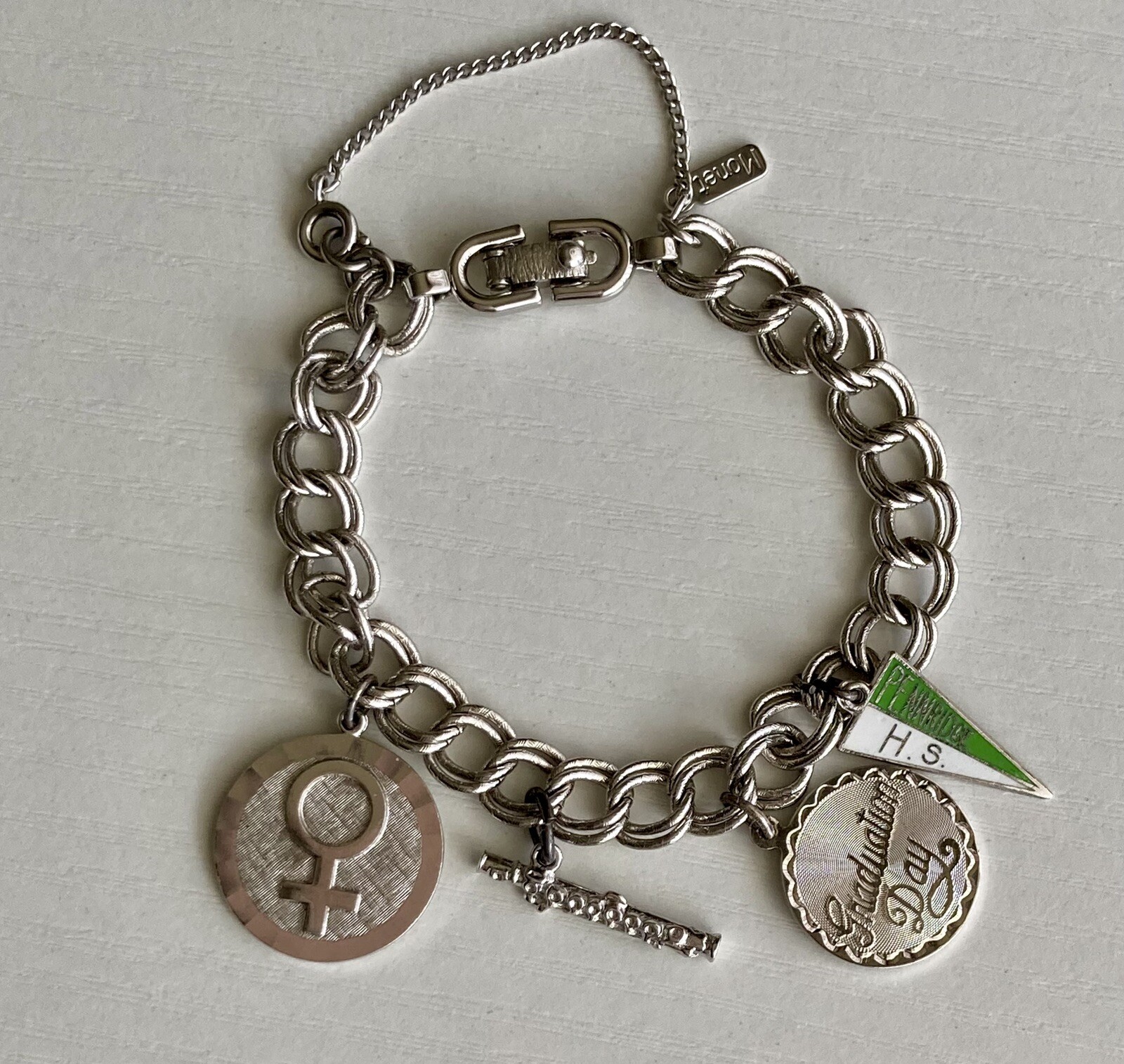 Vintage MONET Silver Tone Charm Bracelet With Charms 7” Safety Chain 8mm 20.73g