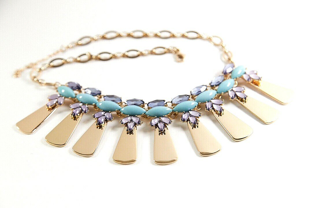 BAUBLEBAR Statement GoldTone Dangle Station Necklace LilacBlue Cabochons 18″+ 3″