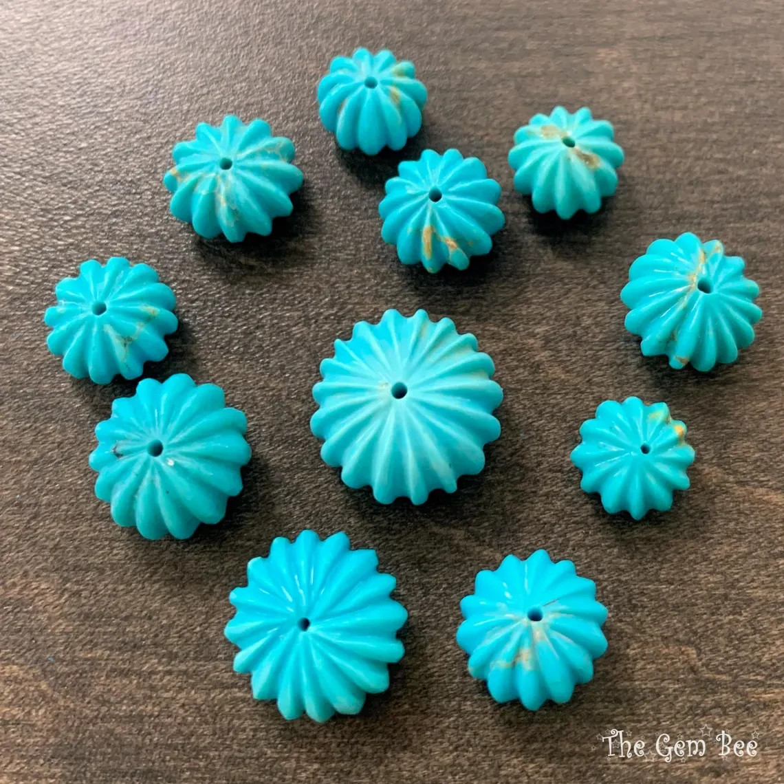 10.3MM-16MM Kingman Turquoise Hand Carved Melon Fluted Rondelle Bead 16.5 inch