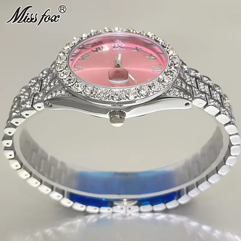 Hip Hop Luxury Ice out Women’s Watch Lady Iced Bling Silver Pink Diamond Jewelry